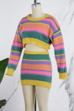 Casual Striped Patchwork Contrast O Neck Long Sleeve Two Pieces