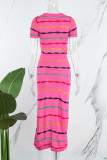 Casual Striped Print Slit O Neck Short Sleeve Two Pieces