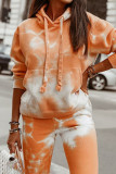 Casual Tie Dye Patchwork Draw String Pocket Hooded Collar Long Sleeve Two Pieces