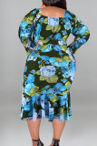 Casual Street Print Patchwork With Belt U Neck Printed Dress Plus Size Dresses