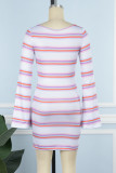 Casual Striped Print Basic O Neck Long Sleeve Dresses