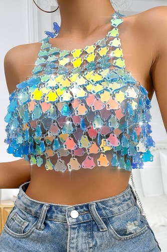 Sexy Patchwork See-through Backless O Neck Tops