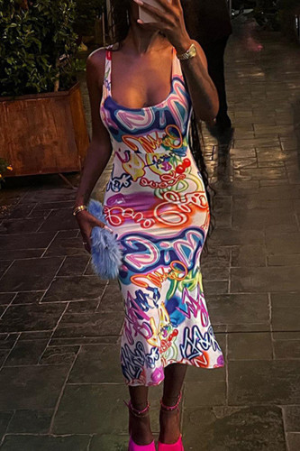Sweet Celebrities Letter Patchwork Backless Printing U Neck Sheath Dresses