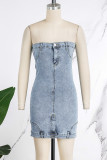 Sexy Solid Patchwork Buttons Backless Strapless Sleeveless High Waist Skinny Denim Dresses(Without Outerwear )