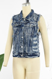 Casual Print Ripped Turndown Collar Sleeveless Regular Denim Jacket (Subject To The Actual Object)
