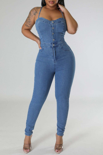 Sexy Casual Solid Backless Spaghetti Strap Sleeveless Skinny Denim Jumpsuits