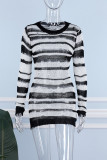 Sexy Casual Striped Hollowed Out See-through O Neck Long Sleeve Dresses