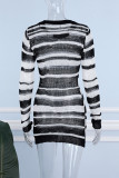 Sexy Casual Striped Hollowed Out See-through O Neck Long Sleeve Dresses