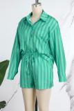 Casual Striped Patchwork Pocket Buttons Turndown Collar Long Sleeve Two Pieces