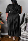 Elegant Solid Patchwork Fold O Neck Pleated Plus Size Dresses