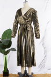 Elegant Bronzing Frenulum Fold Reflective V Neck Pleated Dresses(With Belt)