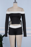Casual Solid Bandage Patchwork Contrast Off the Shoulder Long Sleeve Two Pieces