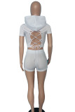 Casual Solid Bandage Patchwork Backless Hooded Collar Short Sleeve Two Pieces