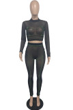 Fashion Sexy Patchwork See-through Half A Turtleneck Long Sleeve Two Pieces