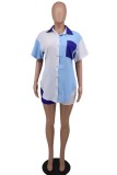 Casual Patchwork Contrast Shirt Collar Short Sleeve Two Pieces