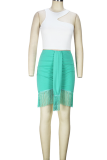Sexy Solid Tassel O Neck Sleeveless Two Pieces