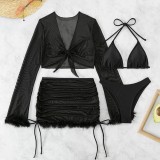 Sexy Solid Bandage See-through Four Piece Set (With Paddings)