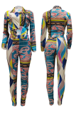 Street Print Patchwork Turndown Collar Long Sleeve Two Pieces