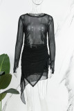Casual Solid See-through Asymmetrical O Neck Long Sleeve Two Pieces