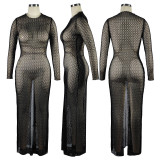 Fashion Sexy Solid Hollowed Out See-through Slit O Neck Long Sleeve Dresses