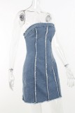 Sexy Casual Solid Patchwork Backless Strapless Sleeveless Skinny Denim Dresses