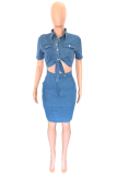 Sexy Solid Patchwork Pocket Knotted Turndown Collar Short Sleeve Mid Waist Skinny Denim Dresses