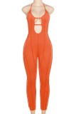 Sexy Solid Hollowed Out Backless Halter Skinny Jumpsuits