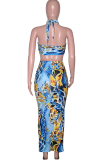 Sexy Print Patchwork Halter Sleeveless Two Pieces