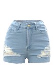 Casual Solid Ripped High Waist Skinny Denim Shorts