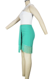 Sexy Solid Tassel O Neck Sleeveless Two Pieces