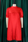 Casual Solid Frenulum Fold Half A Turtleneck Pleated Short Sleeve Dress