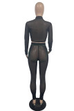 Fashion Sexy Patchwork See-through Half A Turtleneck Long Sleeve Two Pieces
