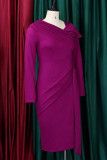 Elegant Solid Patchwork Fold Asymmetrical Asymmetrical Collar Dresses