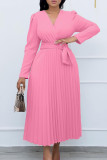 Casual Solid Frenulum Pleated V Neck Long Sleeve Dresses