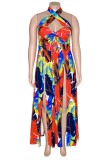 Sexy Print Hollowed Out Backless Slit Halter Plus Size Two Pieces