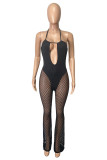 Fashion Sexy Patchwork Hollowed Out See-through Backless Halter Regular Jumpsuits