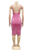 Fashion Sexy Patchwork Sequins Backless Slit V Neck Sling Dress
