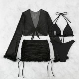 Sexy Solid Bandage See-through Four Piece Set (With Paddings)