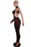 Fashion Sexy Solid Bandage Hollowed Out Asymmetrical Turtleneck Skinny Jumpsuits