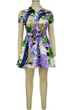 Sweet Print Patchwork Buckle With Belt Turndown Collar A Line Dresses