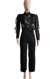 Sexy Solid Patchwork See-through Half A Turtleneck Straight Jumpsuits
