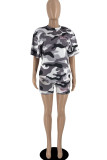 Casual Print Camouflage Print Patchwork O Neck Short Sleeve Two Pieces