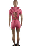 Casual Solid Bandage Patchwork Backless Hooded Collar Short Sleeve Two Pieces