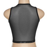 Fashion Sexy Patchwork See-through O Neck Tops