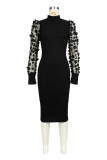 Elegant Solid Patchwork See-through Half A Turtleneck Pencil Skirt Dresses