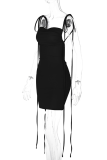 Sexy Solid Backless Fold Strap Design Spaghetti Strap Dresses