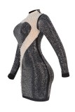 Sexy Patchwork Pearl Hot Drill O Neck Long Sleeve Dresses