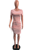 Casual Striped Print Draw String Slit O Neck Short Sleeve Dress