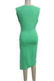 Sexy Solid Patchwork Fold Asymmetrical V Neck One Step Skirt Dresses