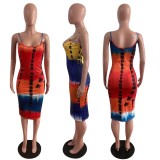 Sexy Casual Print Tie Dye Backless Spaghetti Strap Sleeveless Dress Dresses